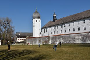 Playing soccer in front of Frauenwörth abbey.